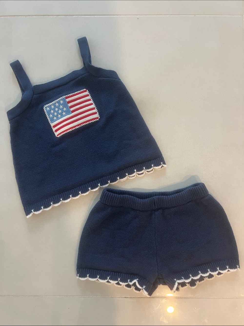 Toddler Patriotic USA Flag Knit Scalloped 2-piece Set. Red white blue America 2T